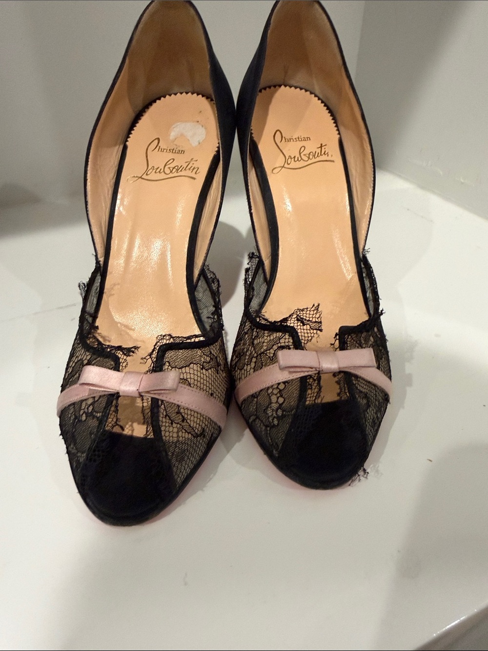 Christian Louboutin Black Lace Peep-Toe Heels with Pink Bow Accent - Picture 7 of 9